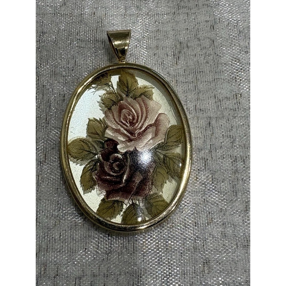 Vintage Floral Cameo Style Pendant Gold Tone Oval Rose Cottagecore Jewelry